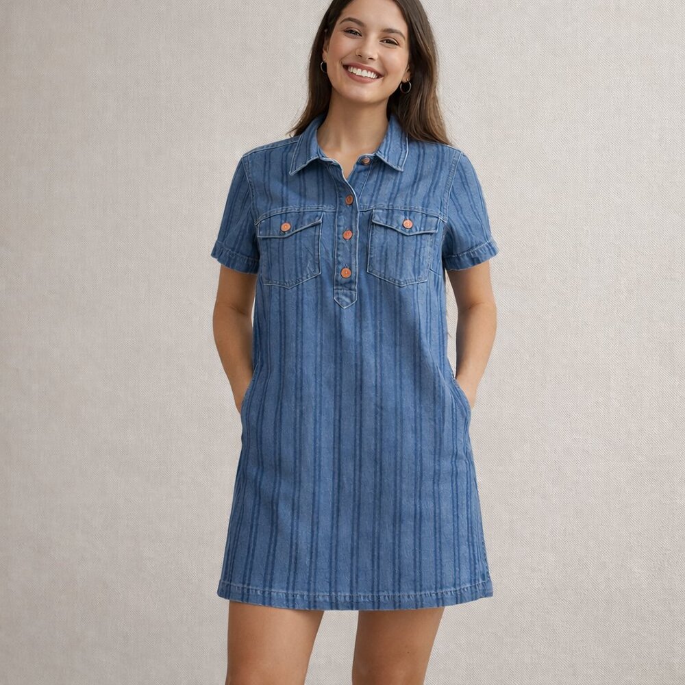 Gap UltraSoft Denim Popover Mini Dress Women Small Blue Stripe Cotton 1/4 Button